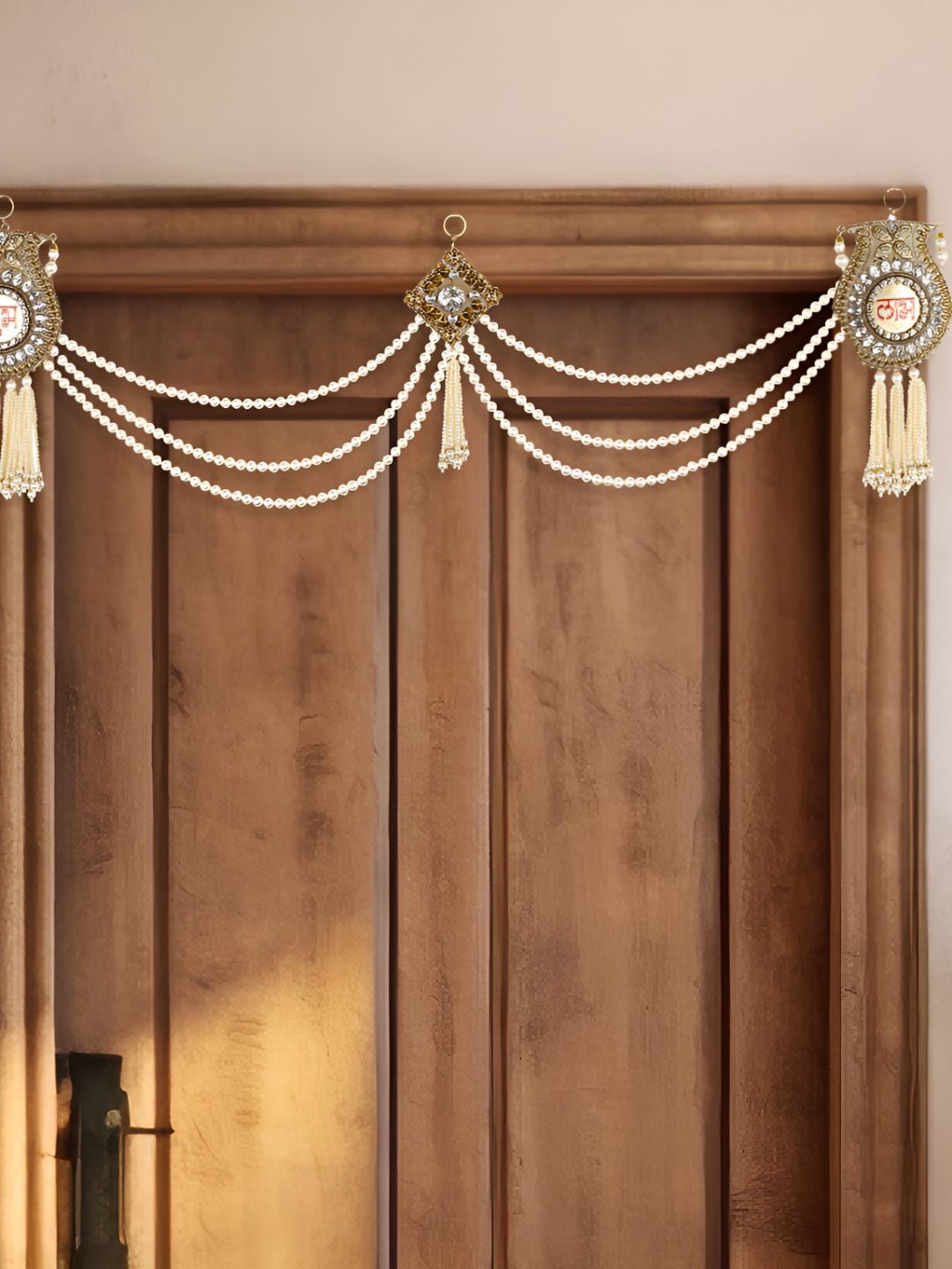

THE HOME CO. Gold Toned & White Metal & Pearl Textured Shubh Labh Toran Festive Decor
