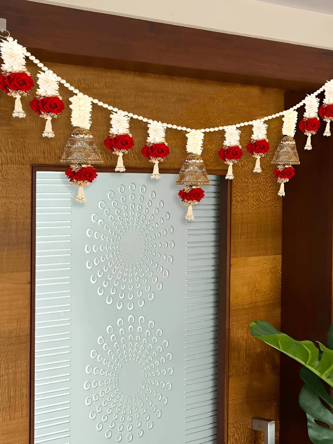 

THE HOME CO. White & Red Textured Bell Hanging Toran Festive Decor