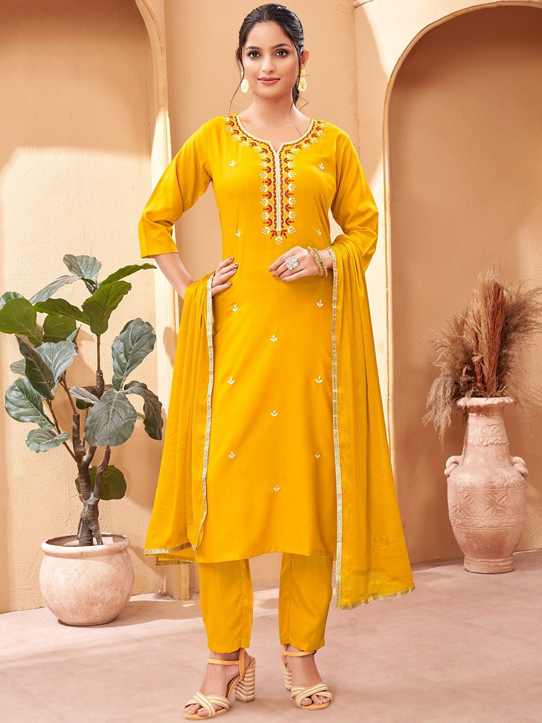 

KALINI Ethnic Motifs Embroidered Regular Straight Kurta with Trousers & With Dupatta, Mustard