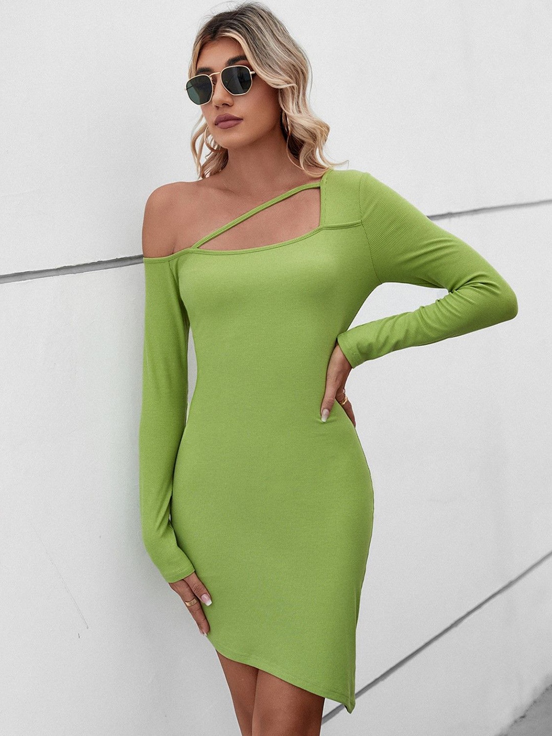 

StyleCast Women One Shoulder Long Sleeves Mini Bodycon Dress, Green