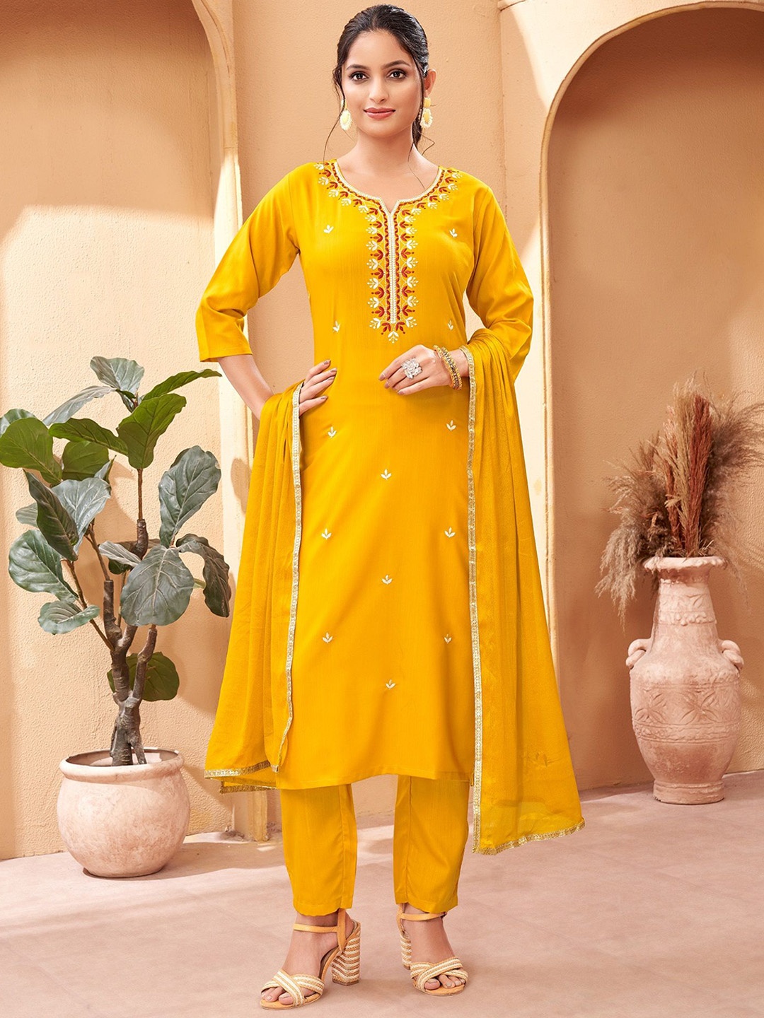 

CANIZZARO Floral Embroidered Straight Kurta with Trousers & Dupatta, Mustard