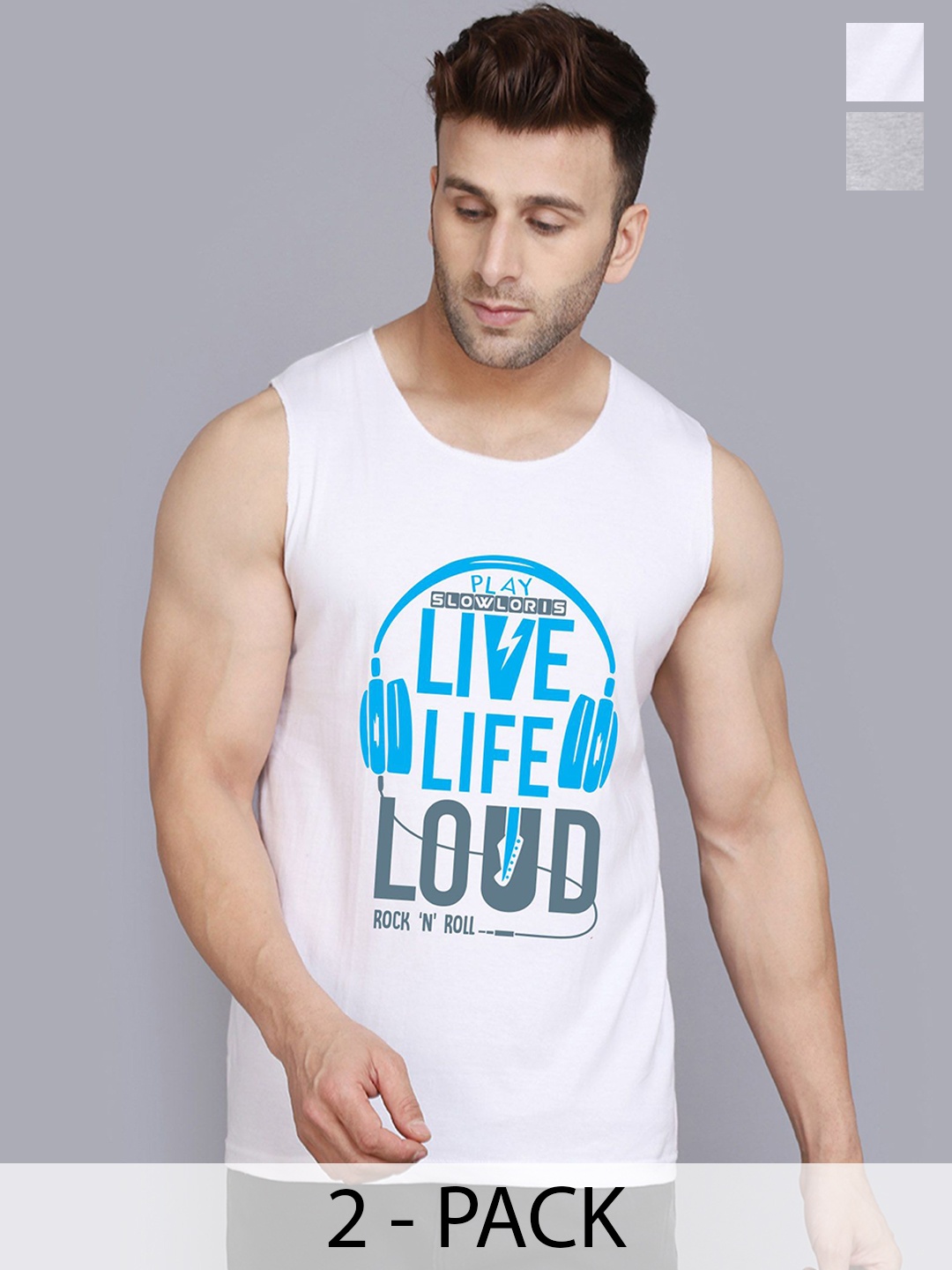 

SLOWLORIS Pack Of 2 Printed Cotton Gym Vests-SL26 COMBO (LOUD WHITE) (KEEP BLKGRY)