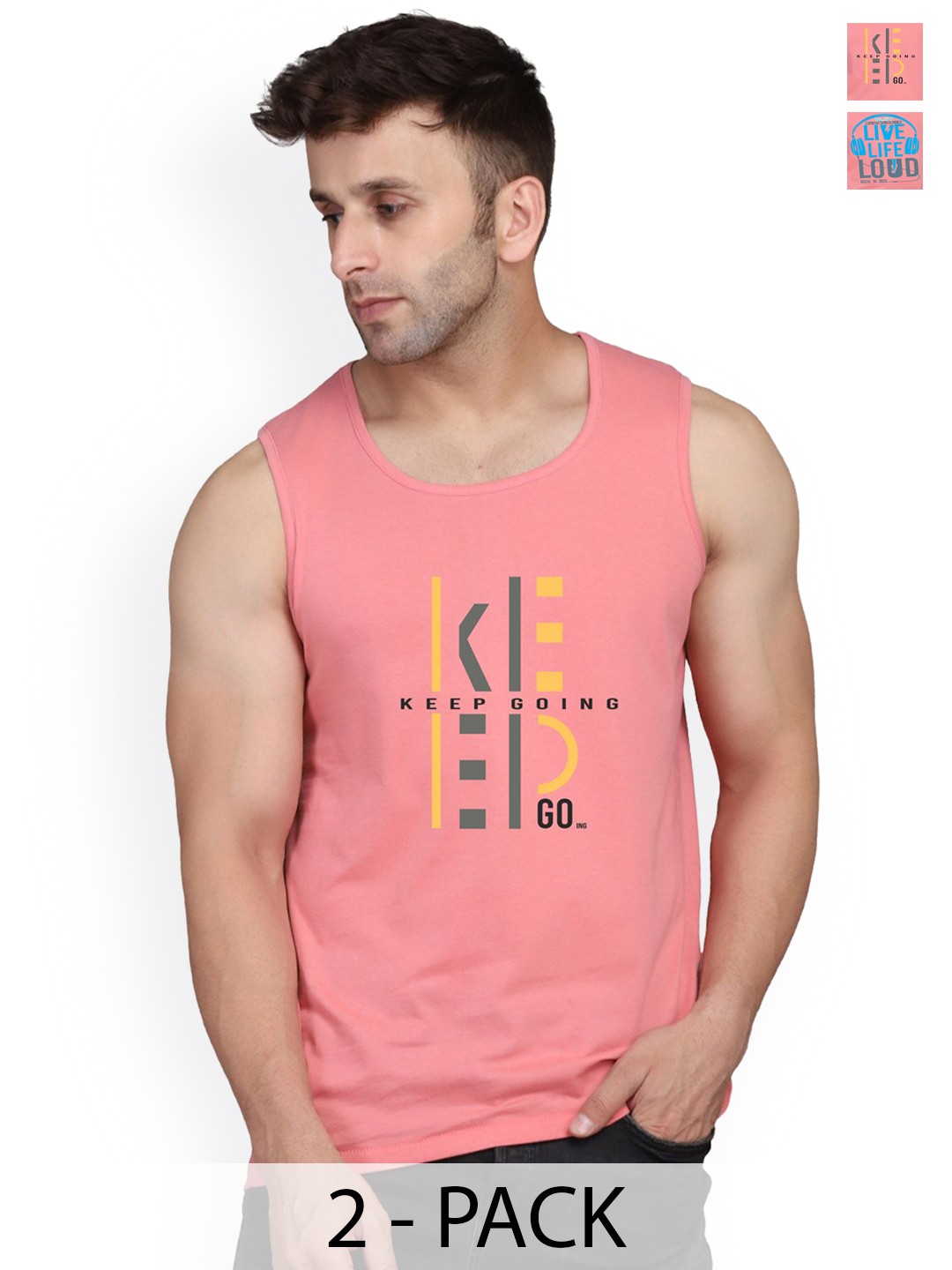 

SLOWLORIS Pack Of 2 Printed Cotton Gym Vests, Peach