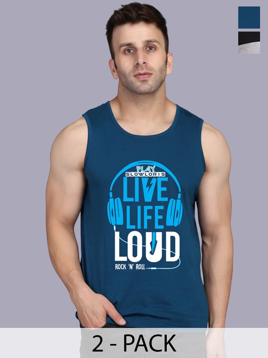 

SLOWLORIS Men Pack Of 2 Printed Innerwear Vests, Teal