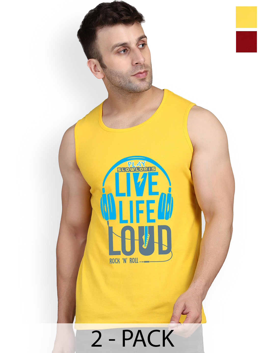 

SLOWLORIS Pack Of 2 Printed Cotton Gym Vests, Yellow
