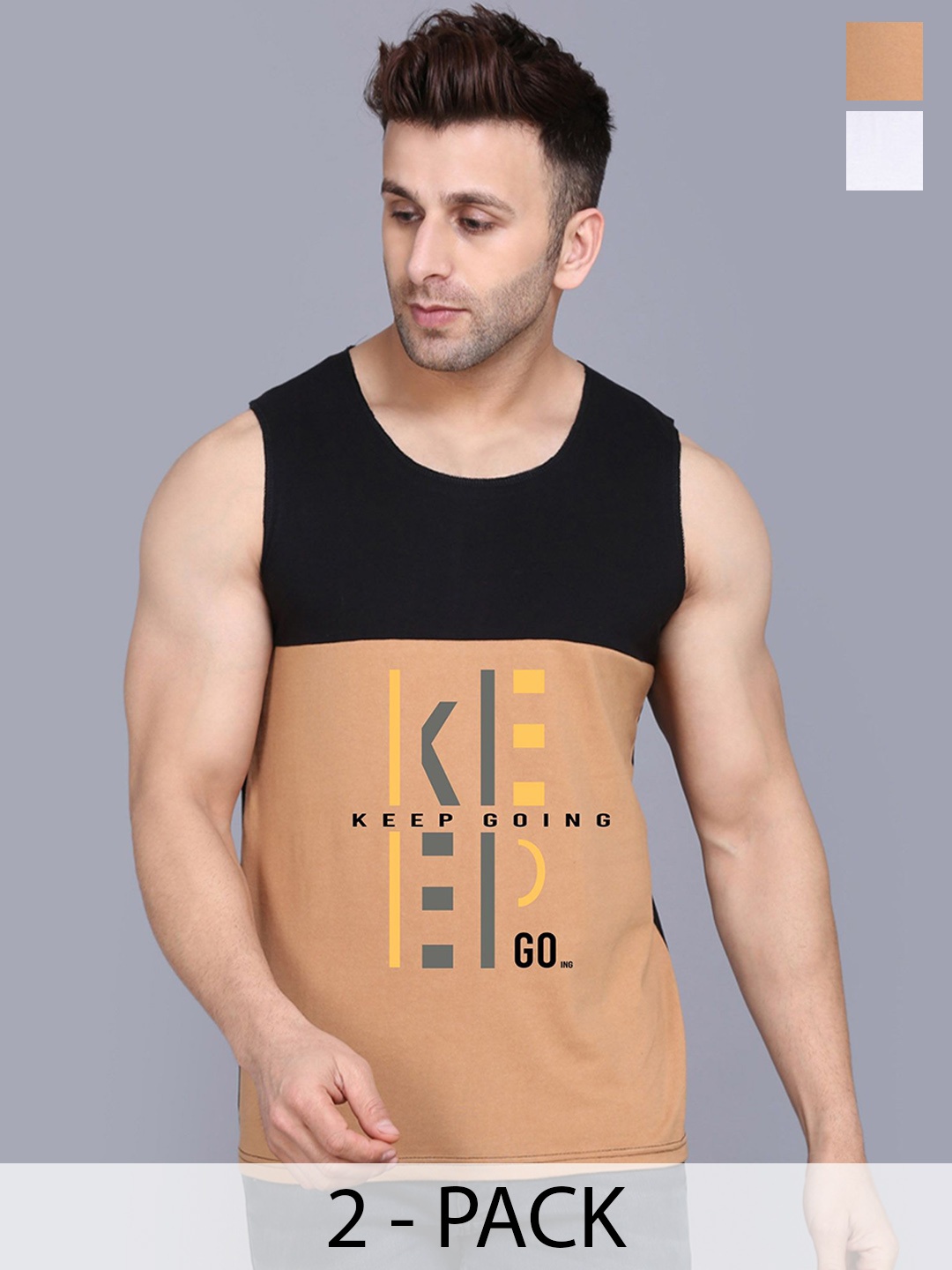 

SLOWLORIS Pack Of 2 Printed Cotton Gym Vests-, White
