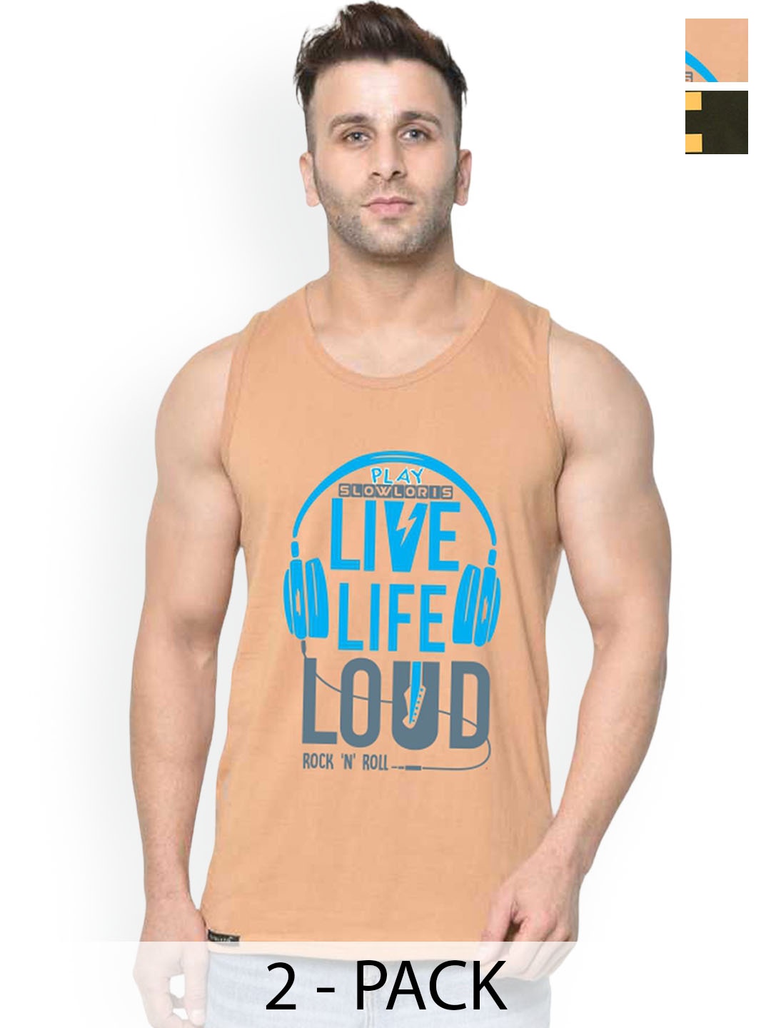 

SLOWLORIS Men Pack Of 2 Printed Innerwear Vests, Rust