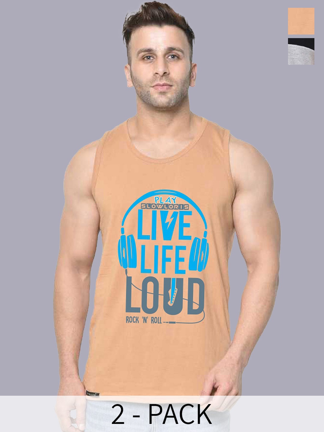 

SLOWLORIS Men Pack Of 2 Printed Gym Vests, Rust