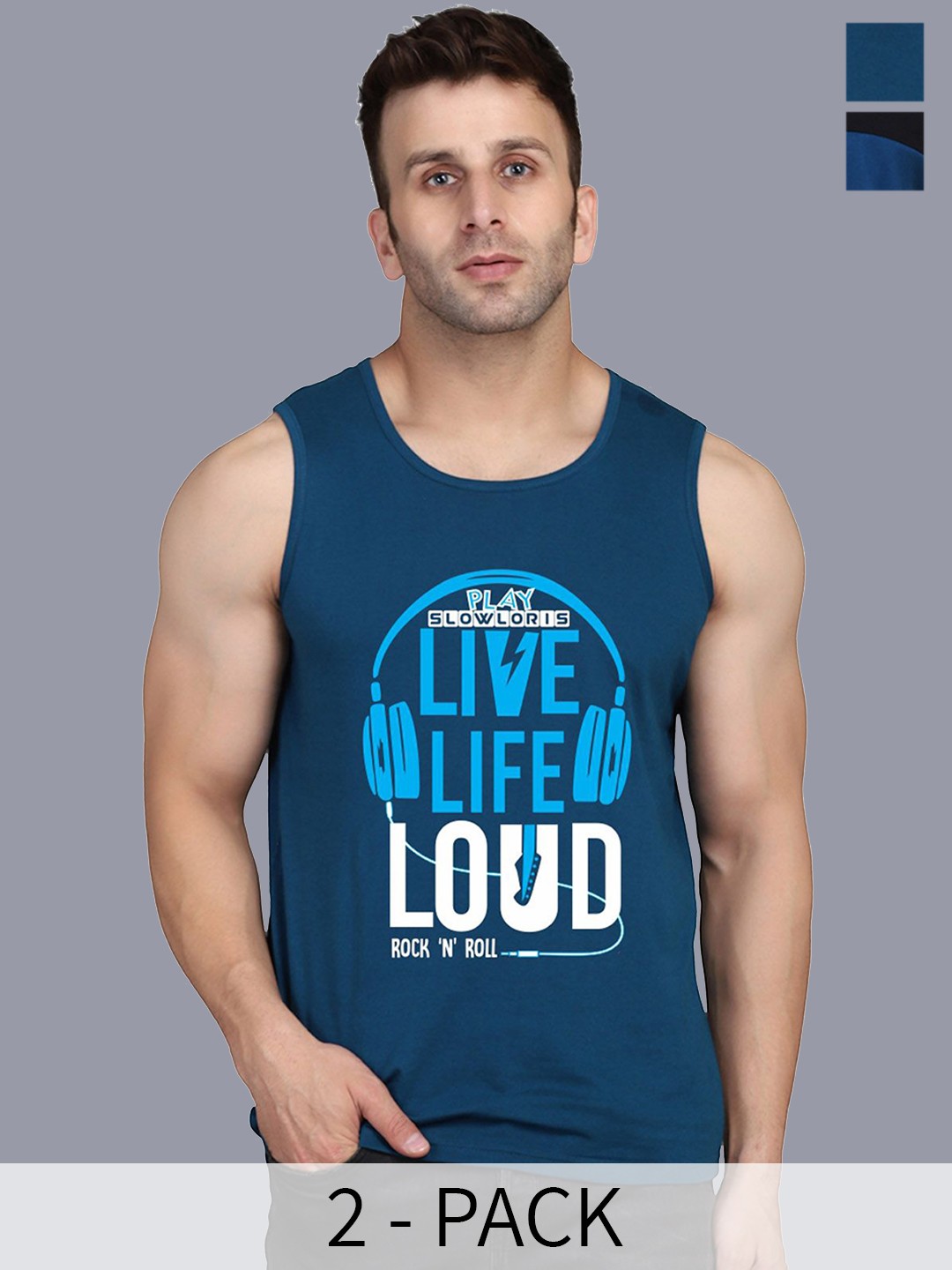 

SLOWLORIS Pack Of 2 Printed Cotton Gym Vests-SL26 COMBO (LOUD PEACOCK) (KEEP BLKPCK), Teal