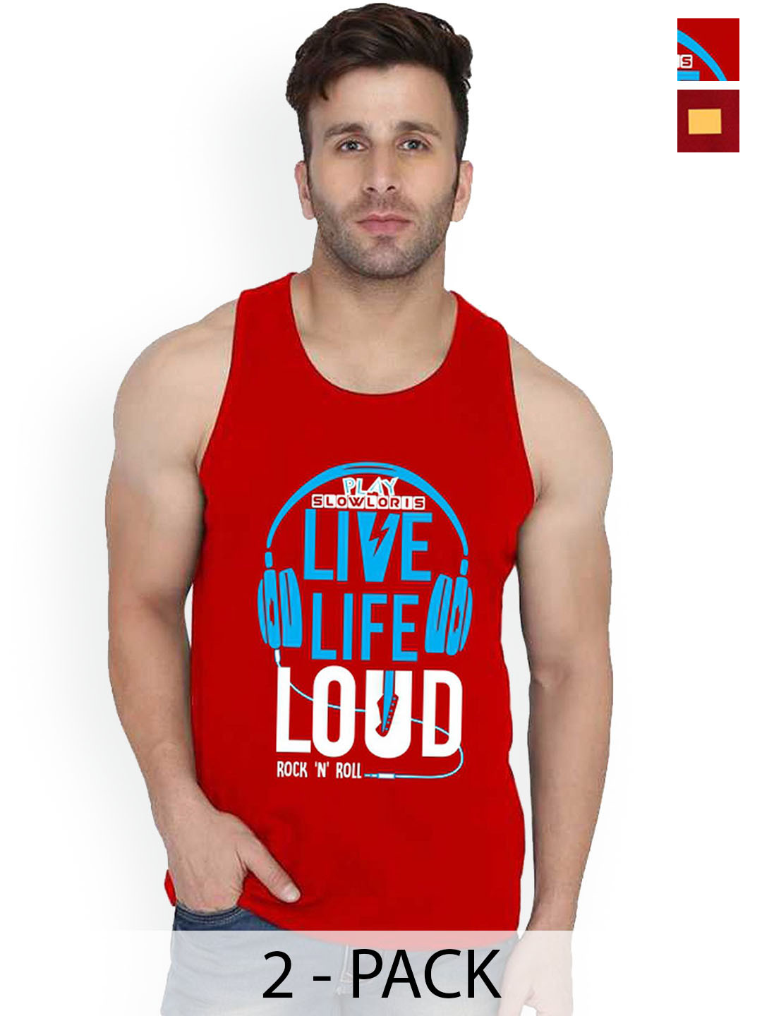 

SLOWLORIS Pack Of 2 Men Printed Sleeveless Gym Vests, Red