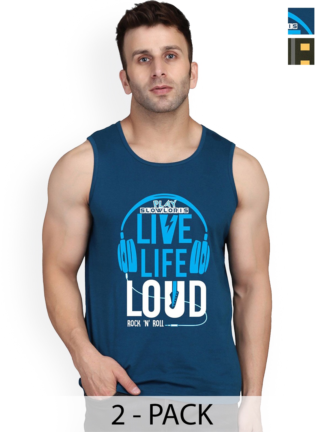 

SLOWLORIS Men Pack Of 2 Printed Innerwear Vests, Blue