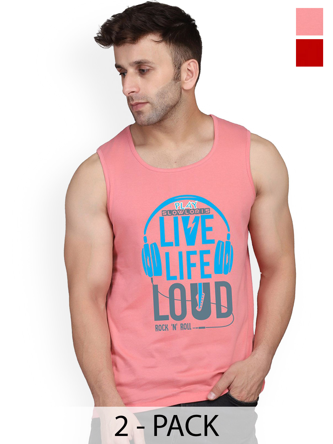 

SLOWLORIS Pack Of 2 Printed Cotton Vests, Peach