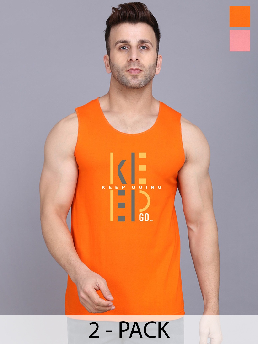 

SLOWLORIS Men Pack Of 2 Printed Cotton Vests, Peach