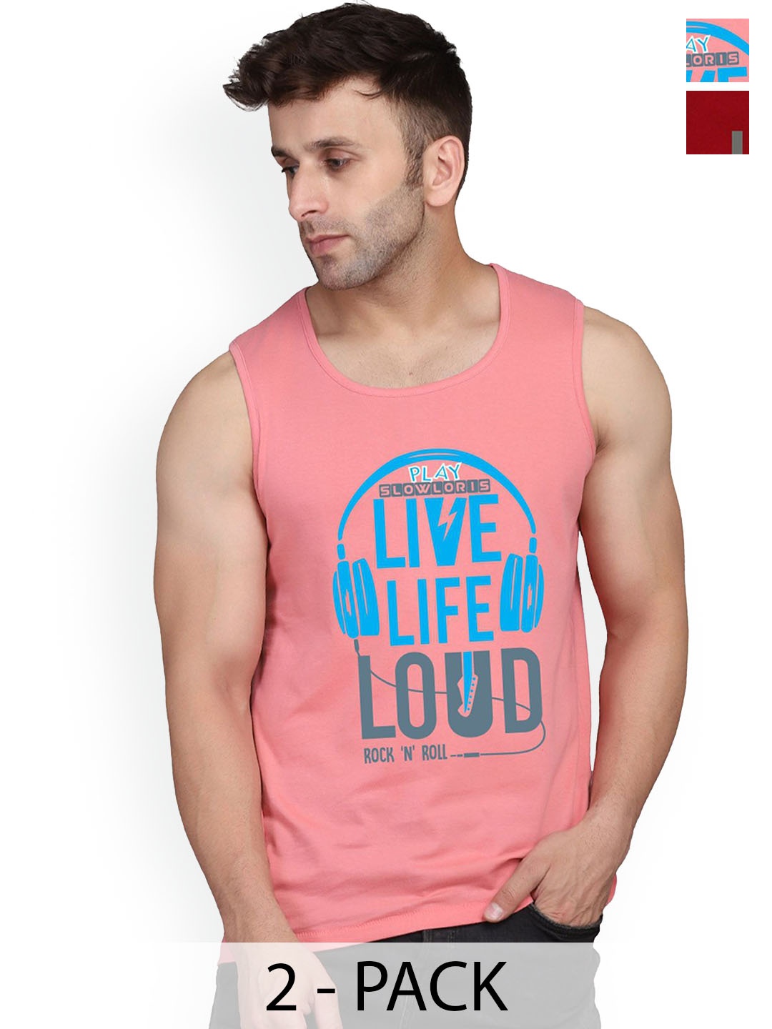 

SLOWLORIS Pack Of 2 Men Printed Sleeveless Innerwear Vests, Peach