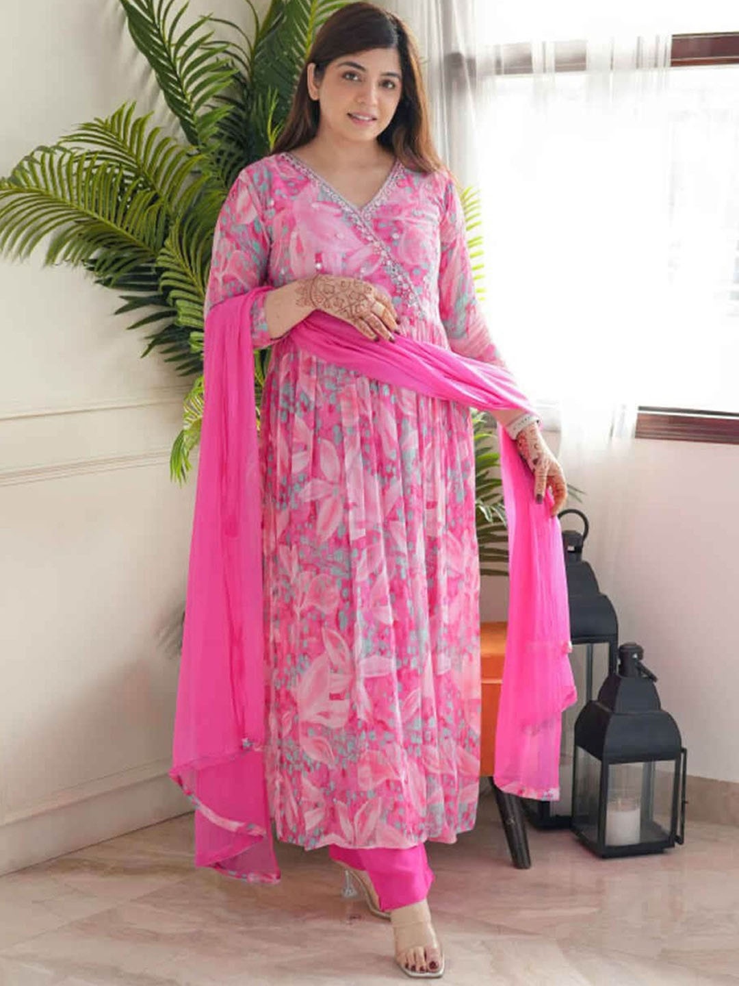

KALINI Floral Printed Angrakha Mirror Work Anarkali Kurta with Trousers & With Dupatta, Pink