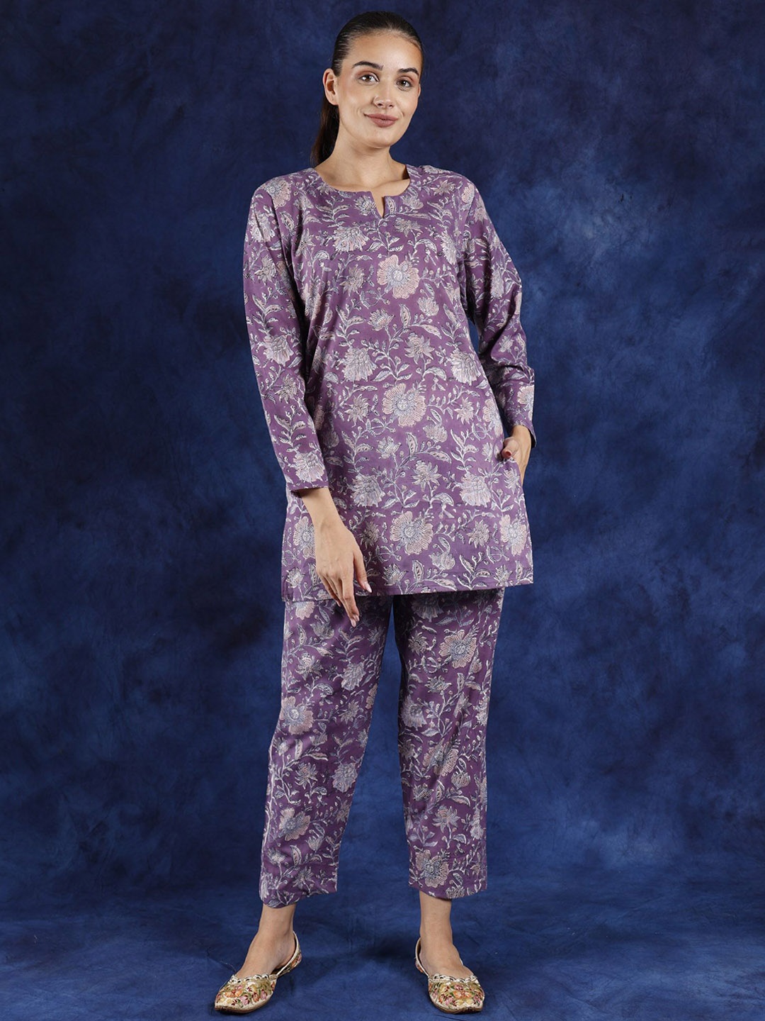 

Exotic India Pure Cotton Printed Tunic With Trouser Co-Ords, Purple