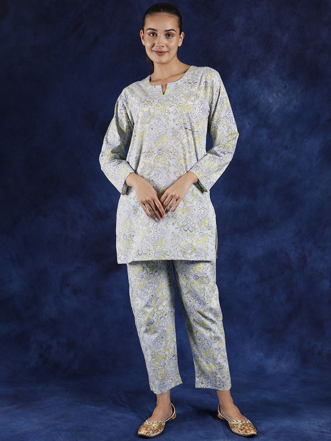 

Exotic India Pure Cotton Printed Tunic With Trouser Co-Ords, Purple