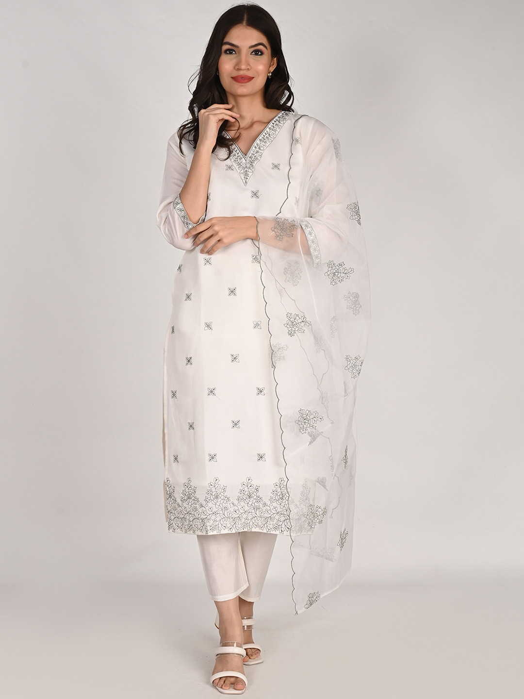 

KALINI Embroidered Regular Pure Cotton Straight Kurta with Palazzos & With Dupatta, White