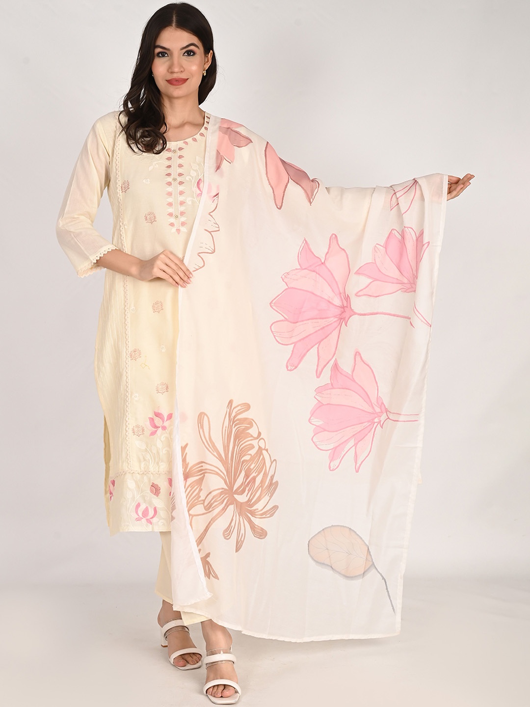 

KALINI Floral Embroidered Pure Cotton Straight Kurta with Trousers & With Dupatta, Cream