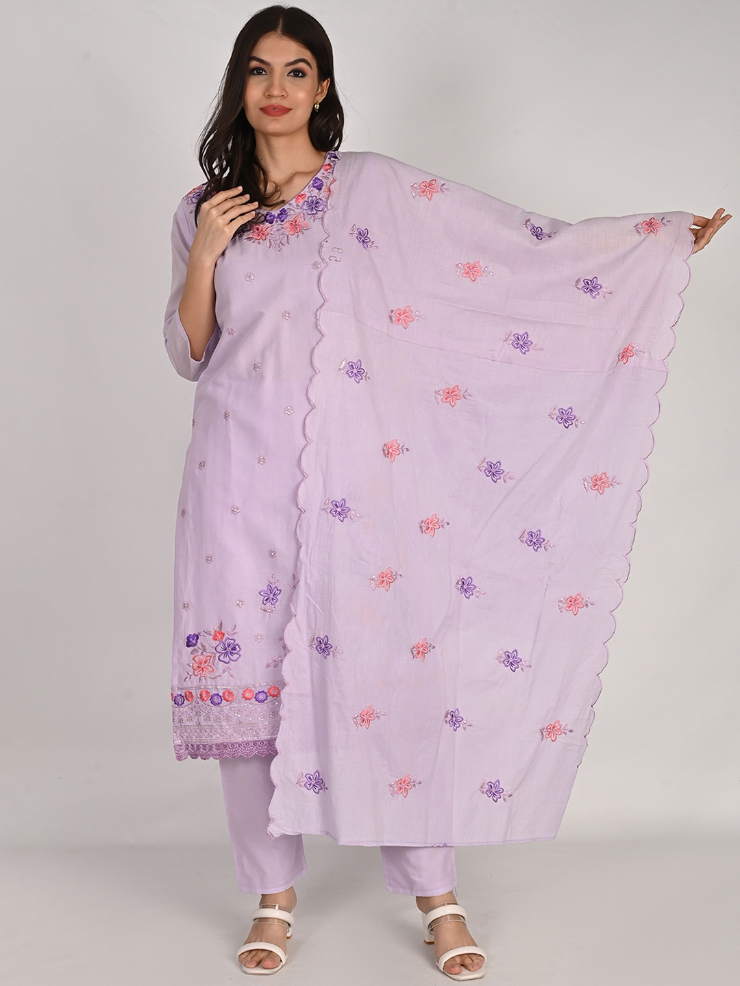 

KALINI Floral Embroidered Regular Pure Cotton Kurta with Palazzos & Dupatta, Lavender