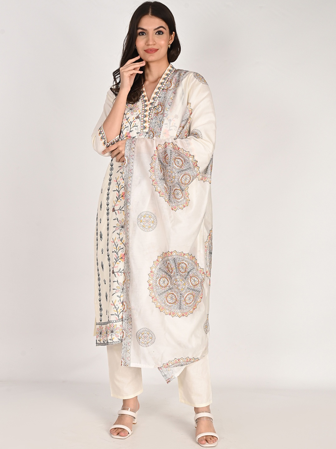 

KALINI Floral Embroidered Pure Cotton Straight Kurta & Palazzos With Dupatta, Cream