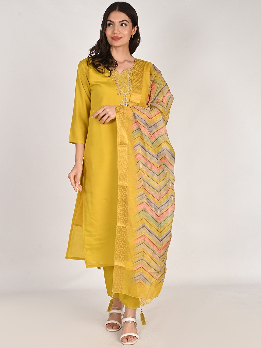 

KALINI Floral Embroidered Regular Kurta with Harem Pants & With Dupatta, Mustard