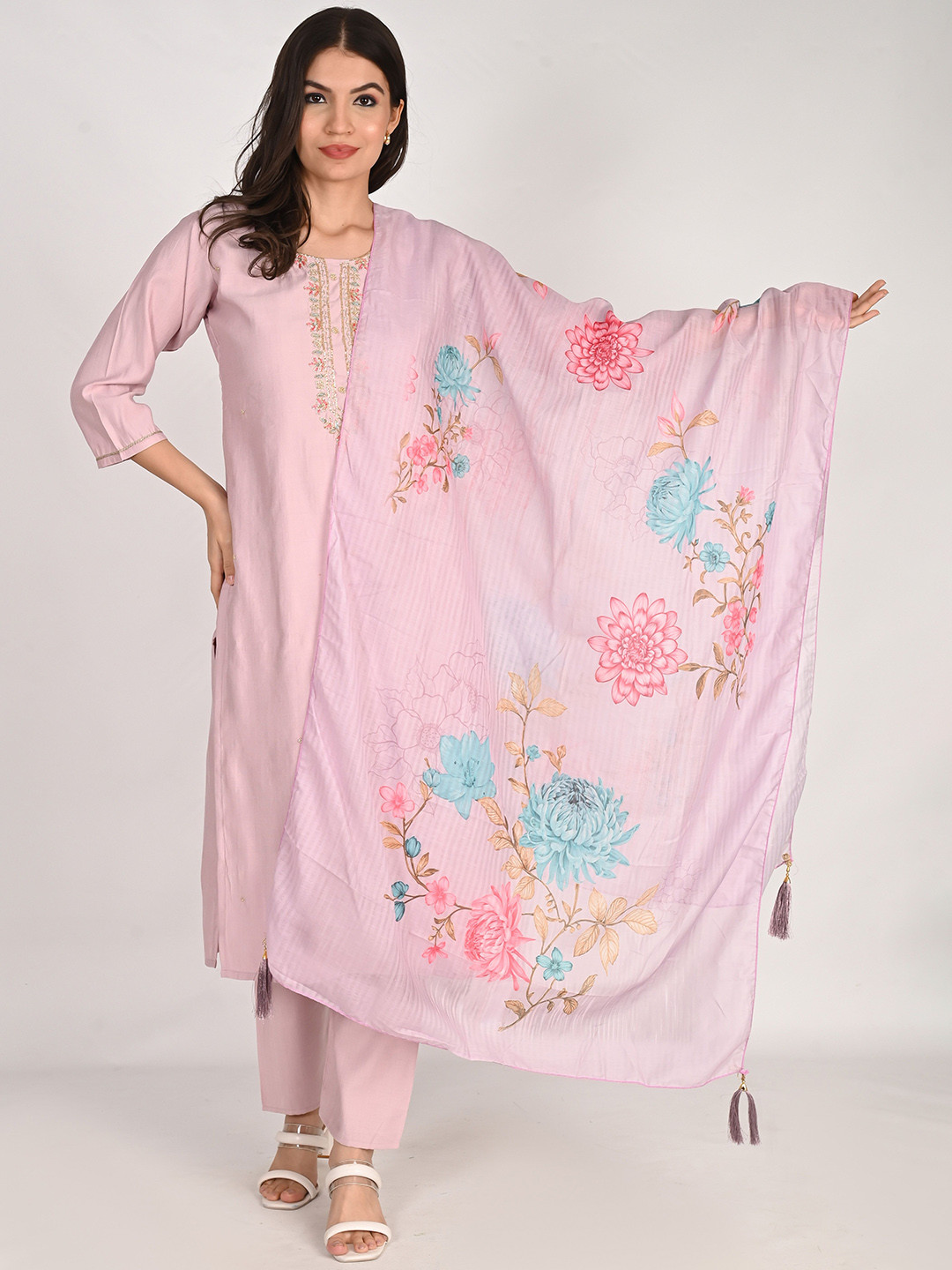

KALINI Floral Embroidered Regular Pure Cotton Straight Kurta with Palazzos & With Dupatta, Pink