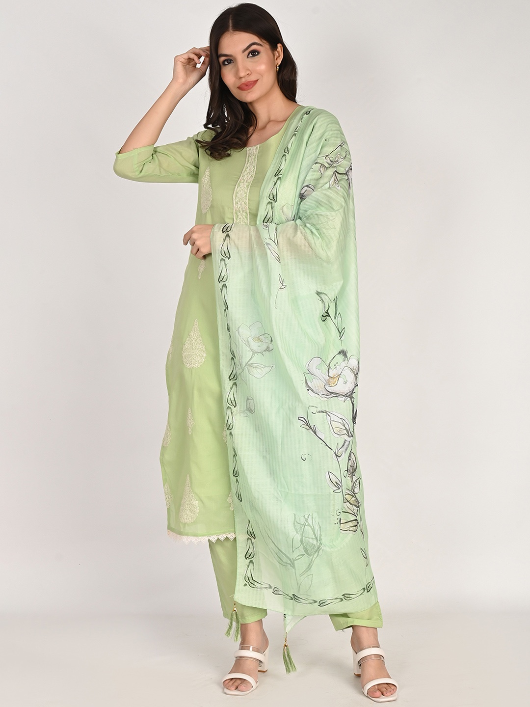 

KALINI Floral Embroidered Pure Cotton Kurta with Trousers & Dupatta, Olive