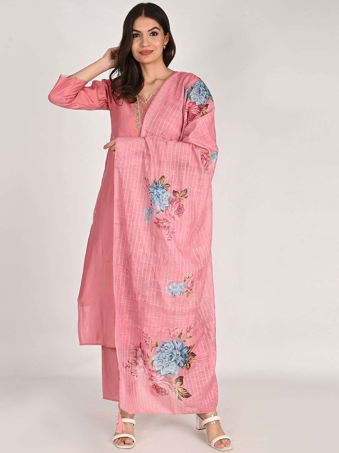 

KALINI Floral Embroidered Straight Kurta & Palazzos With Dupatta, Peach