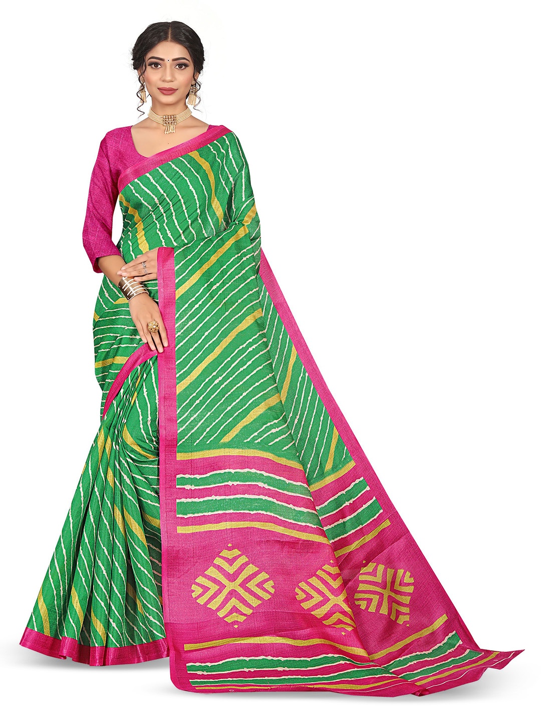 

RUNAYA NX Leheriya Printed Pure Silk Saree, Green
