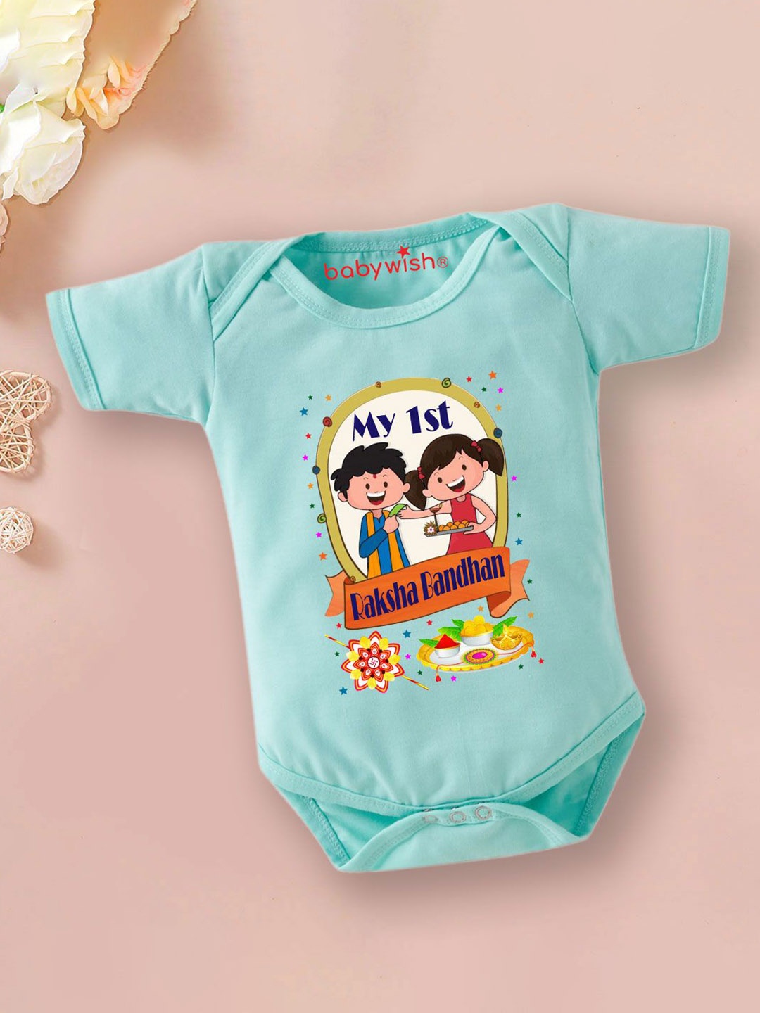 

Babywish Infants My 1st Raksha Bandhan Printed Cotton Bodysuit, Sea green