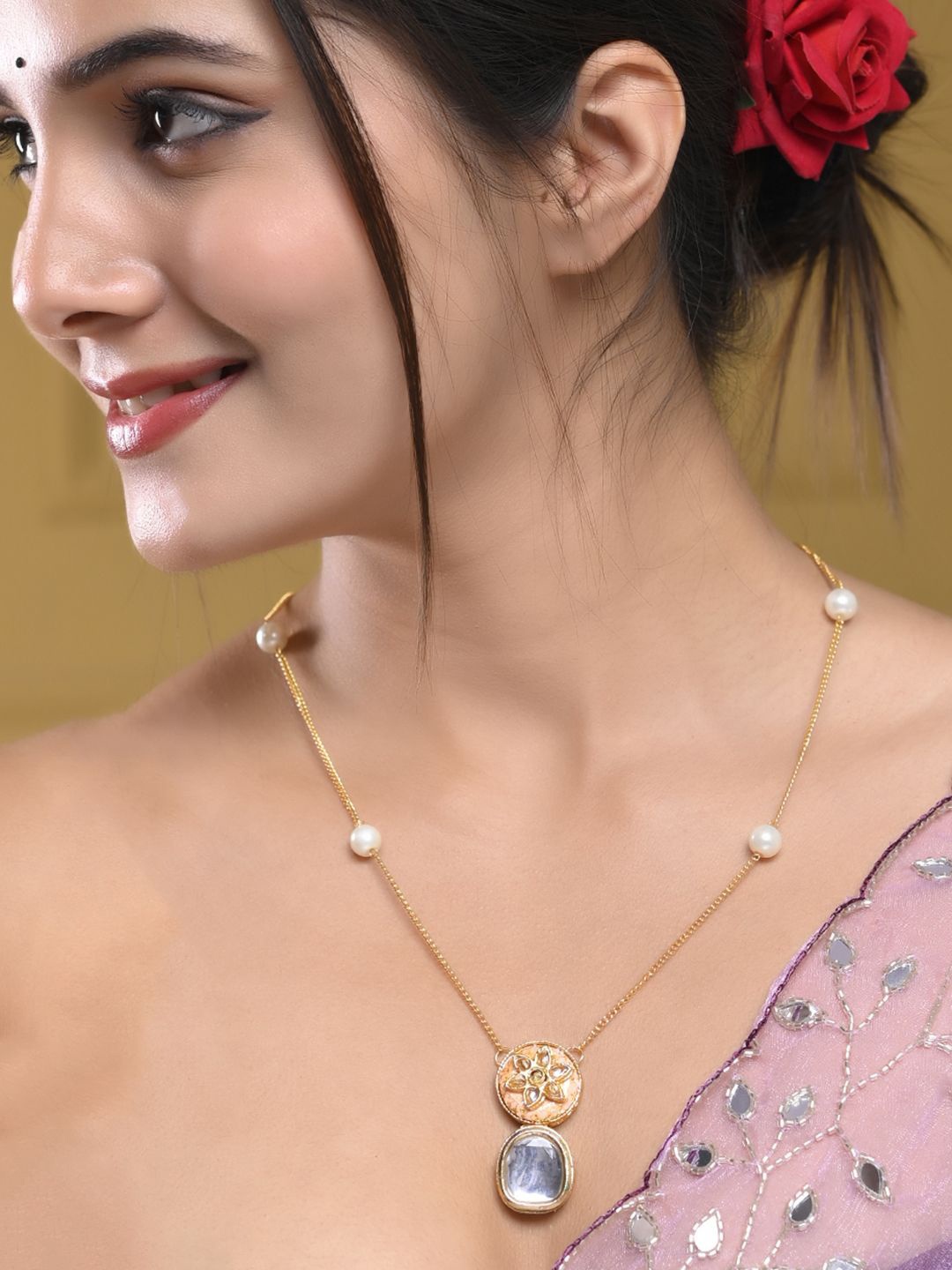 

Silvermerc Designs Gold-Plated Pearl Beaded & Kundan Necklace