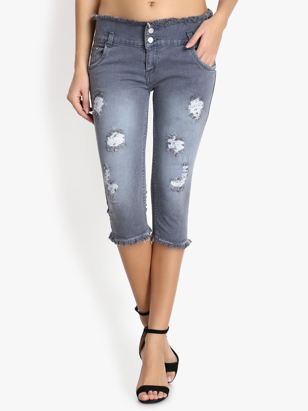 

Perfect Outlet Women Highly Distress Denim Capris, Grey