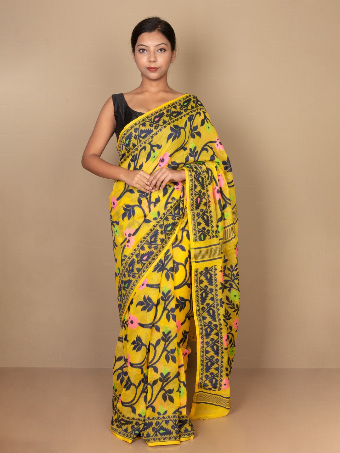 

SARIKA Floral Zari Pure Cotton Jamdani Saree, Yellow