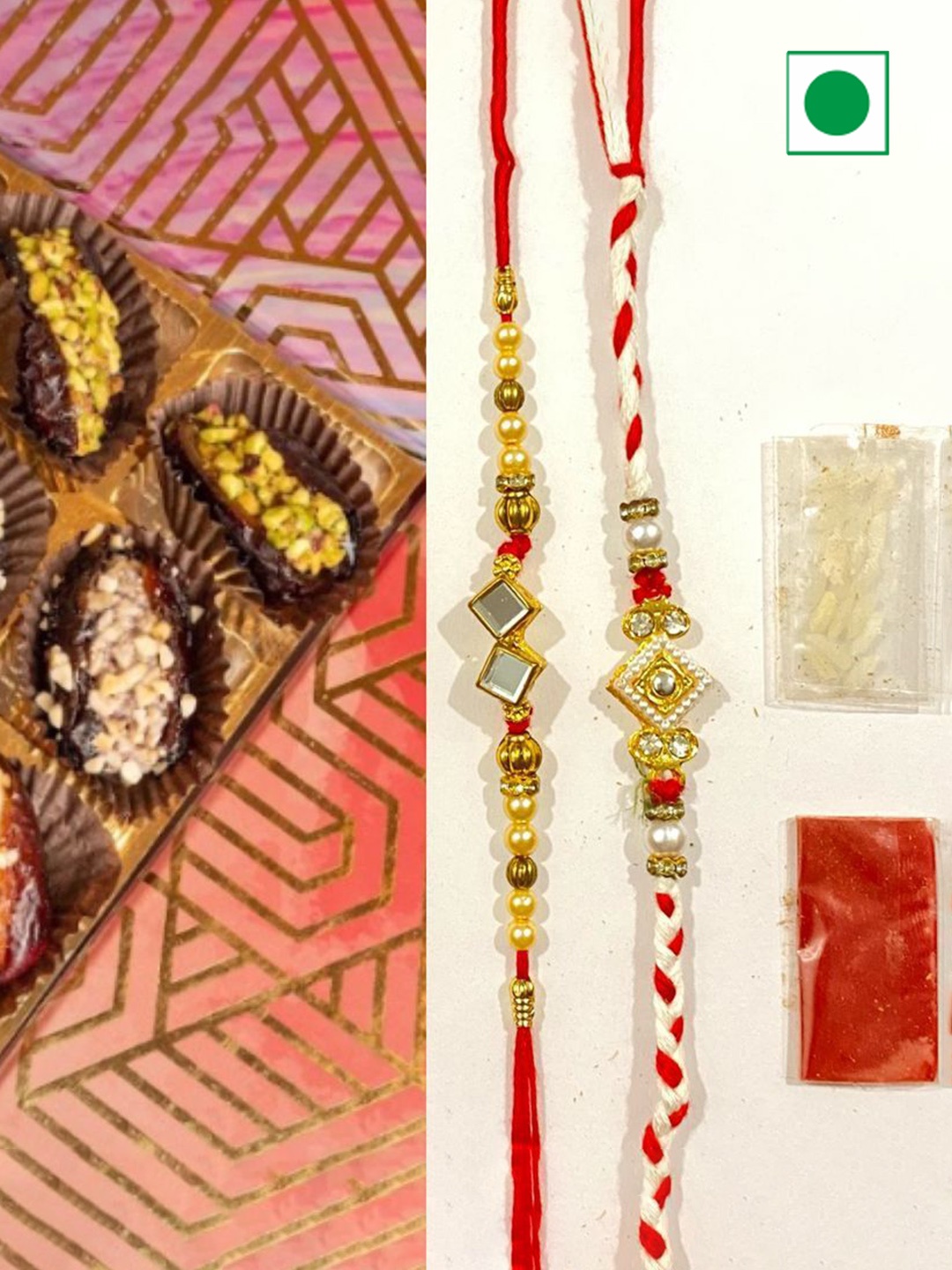 

Wishbox Set Of 2 Stone Studded Rakhis With Roli Chawal & Sweet Mix Dates, Brown