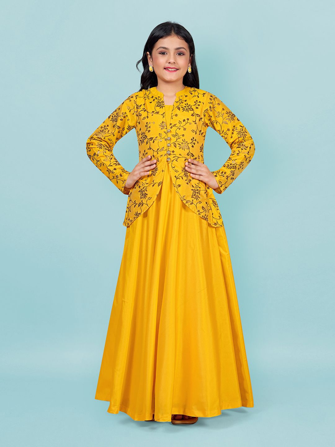 

FASHION DREAM Girls Printed Mandarin Collar Long Sleeves Gown Maxi Dress, Yellow