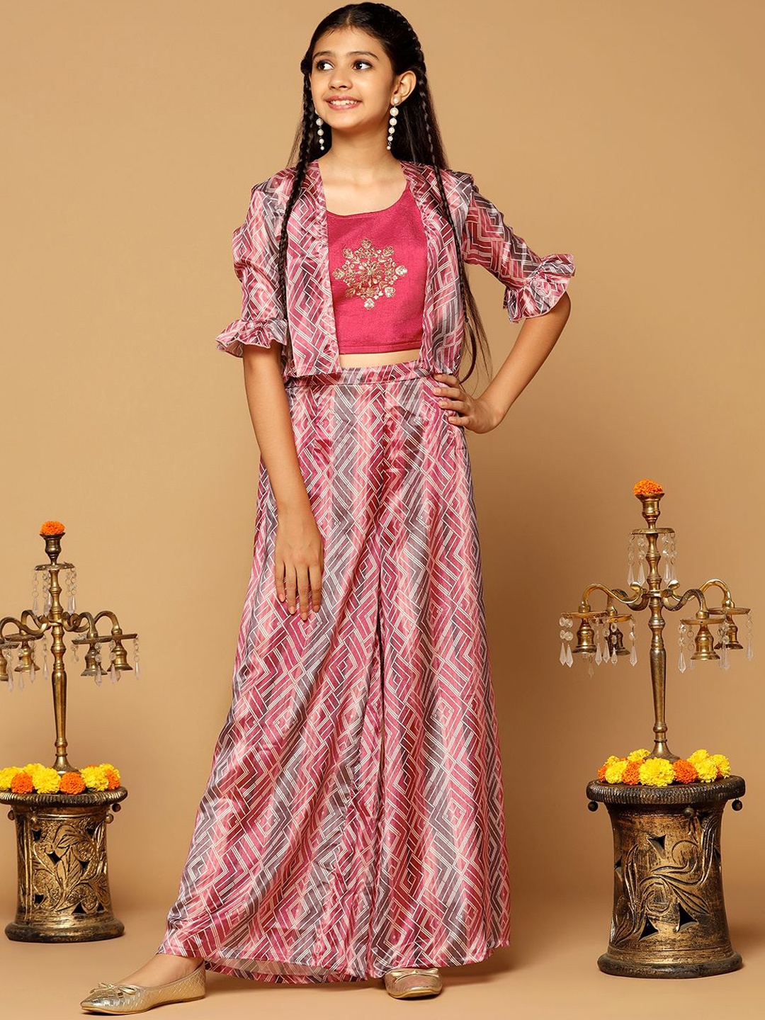 

FASHION DREAM Girls Printed Sequinned Detail Ethnic Kurta With Palazzo And Shrug, Rust