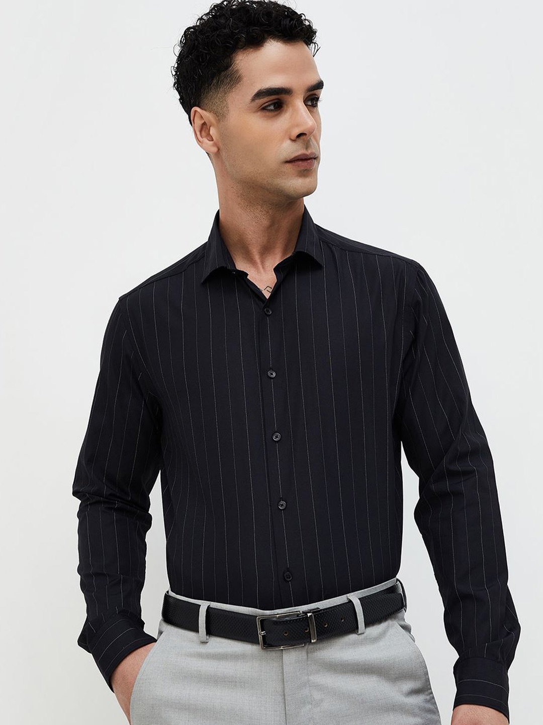 

CODE by Lifestyle Men Slim Fit Opaque Striped Casual Shirt, Black