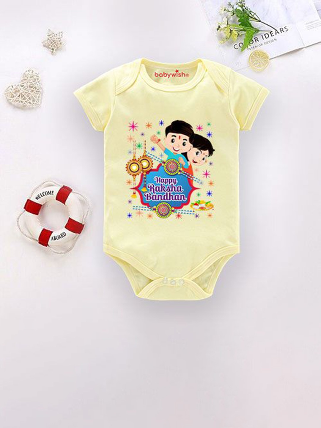 

Babywish Infants Happy Raksha Bandhan Printed Cotton Bodysuit, Yellow