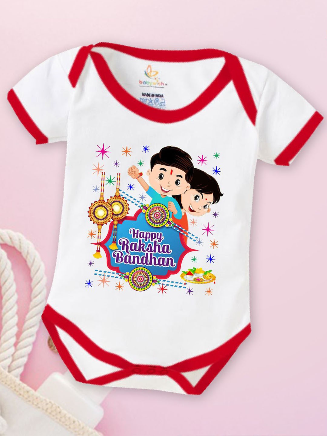 

Babywish Infants Happy Raksha Bandhan Printed Cotton Bodysuit, Red