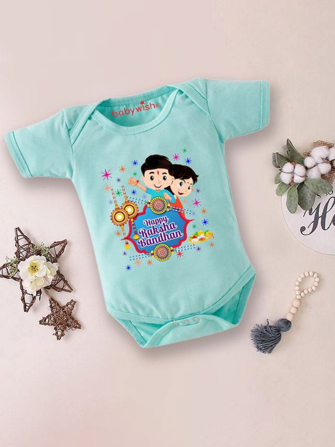 

Babywish Infants Happy Raksha Bandhan Printed Cotton Bodysuit, Sea green