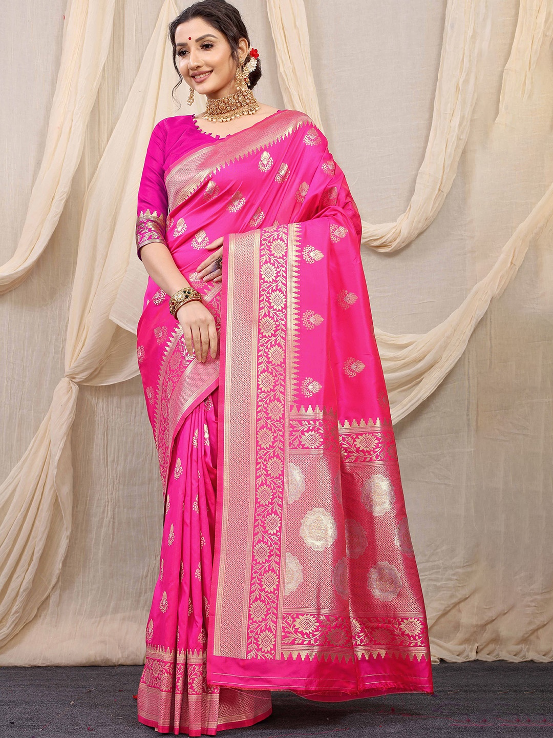 

KIMISHA Ethnic Motifs Zari Kanjeevaram Saree, Pink