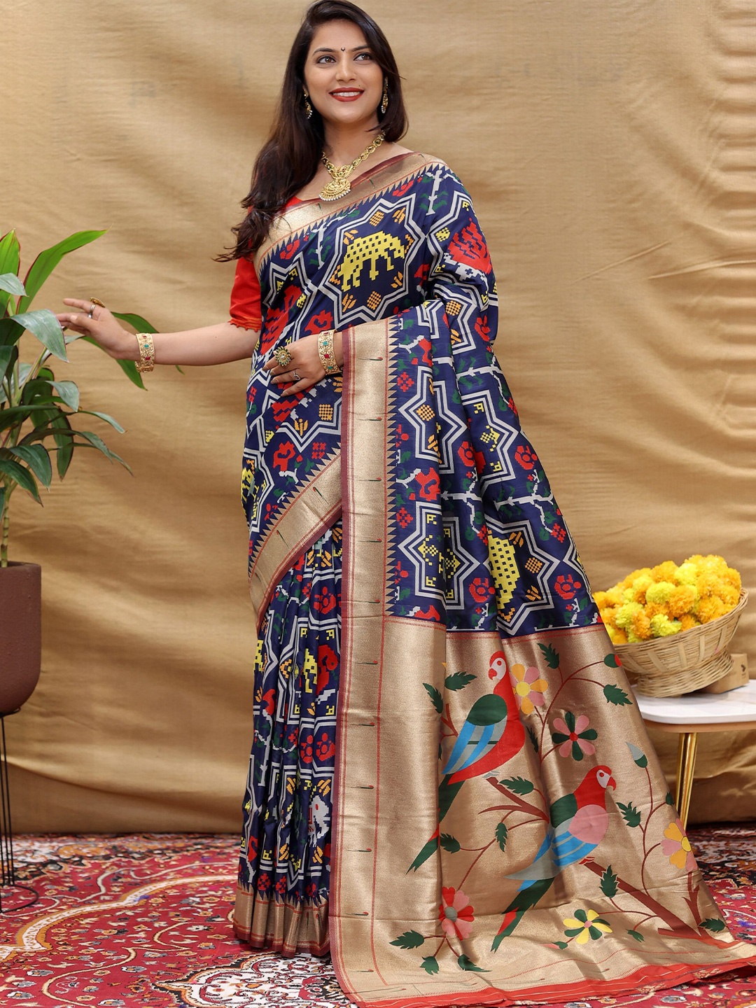 

KIMISHA Ethnic Motifs Zari Patola Saree, Navy blue
