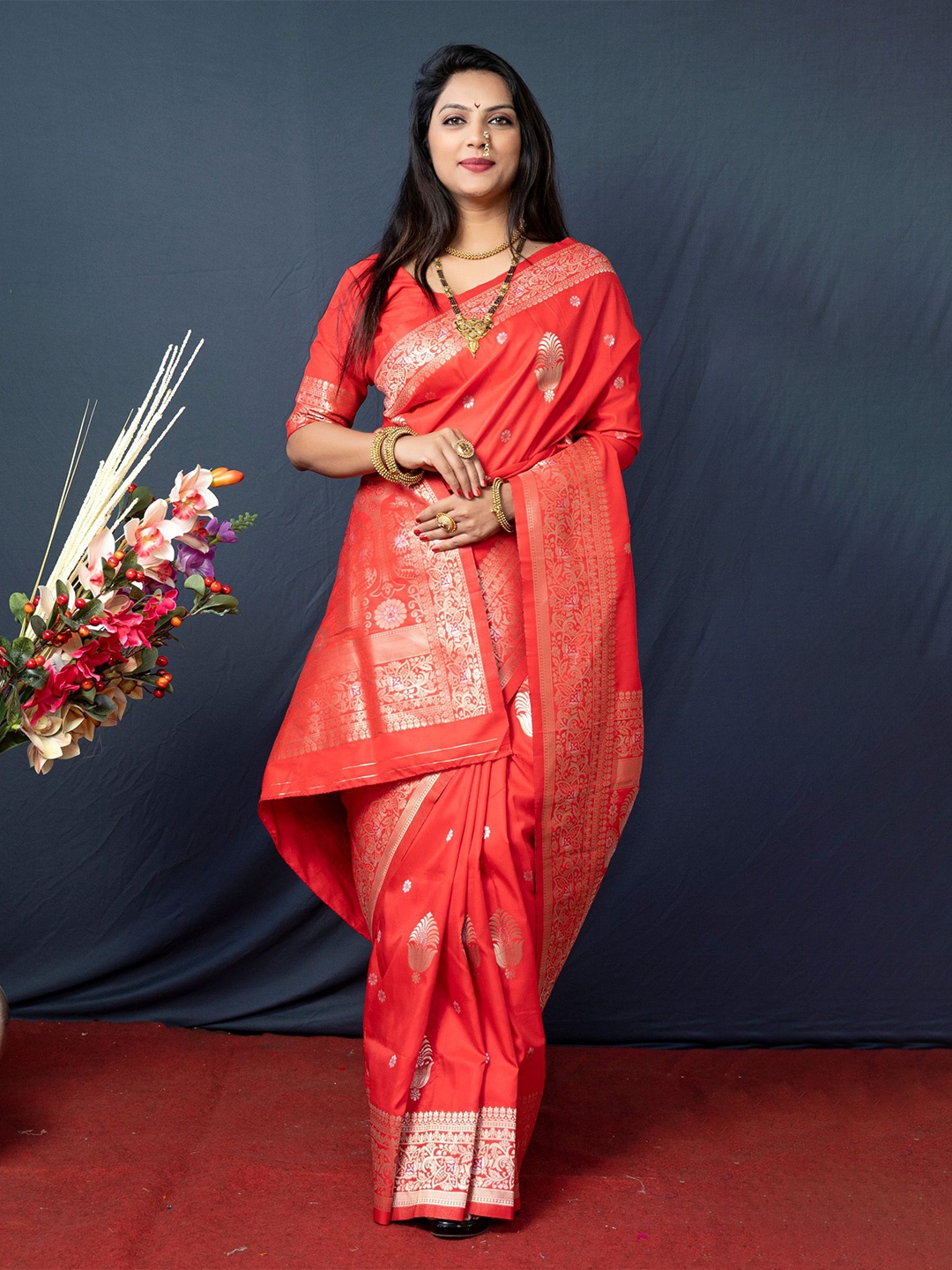 

KIMISHA Ethnic Motif Zari Woven Banarasi Saree, Orange