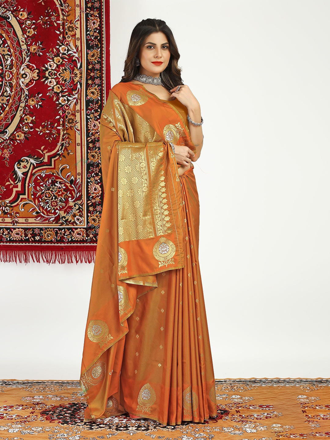 

KIMISHA Ethnic Motifs Woven Design Zari Kanjeevaram Saree, Orange