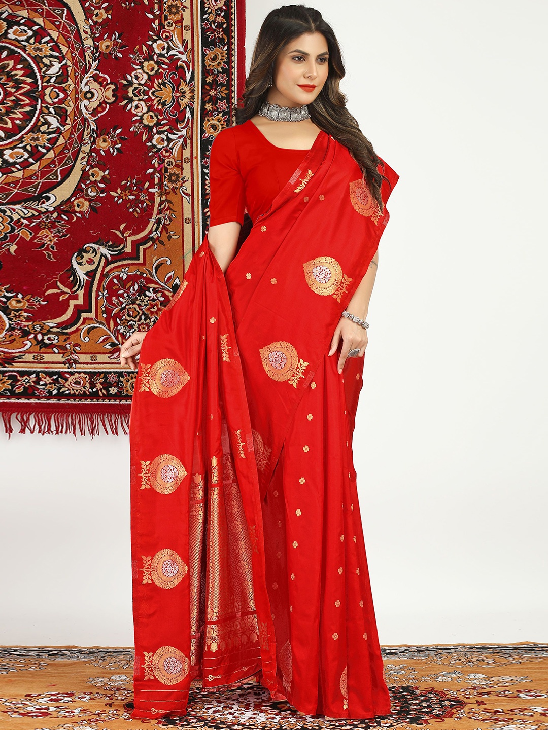 

KIMISHA Ethnic Motifs Zari Kanjeevaram Saree, Red