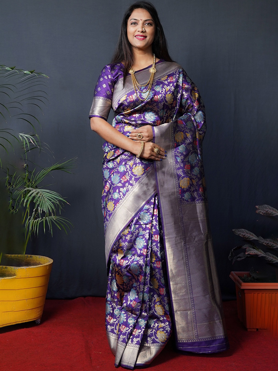 

KIMISHA Banarasi Silk Blend Woven Design Zari Traditional Saree, Violet