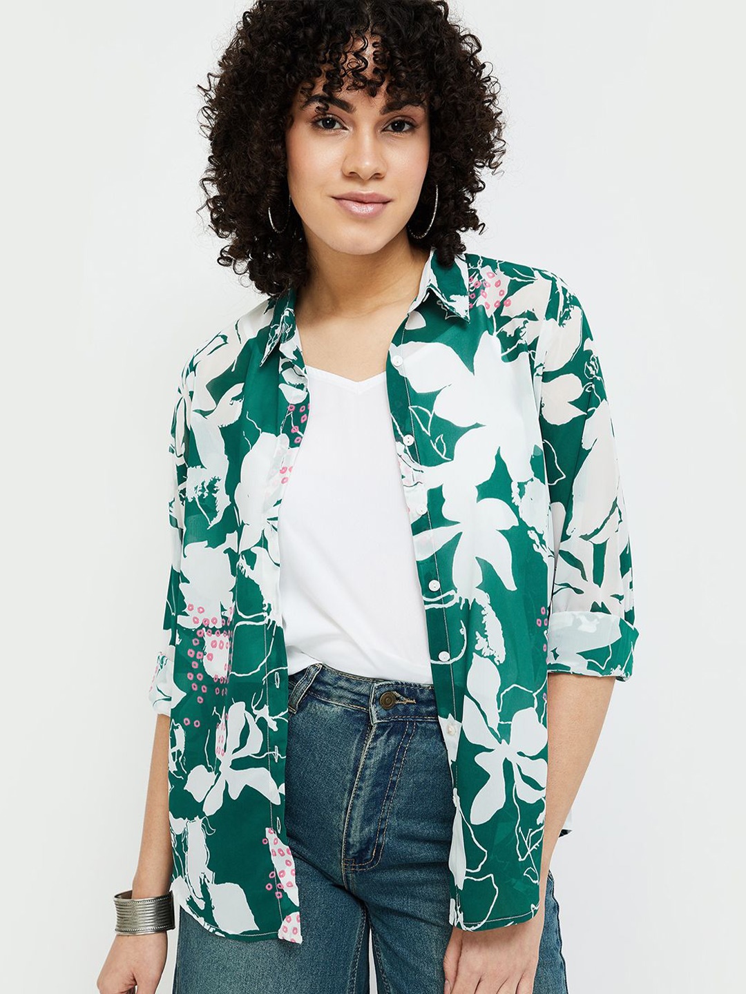 

Colour Me by Melange Women Floral Opaque Printed Casual Shirt, Green