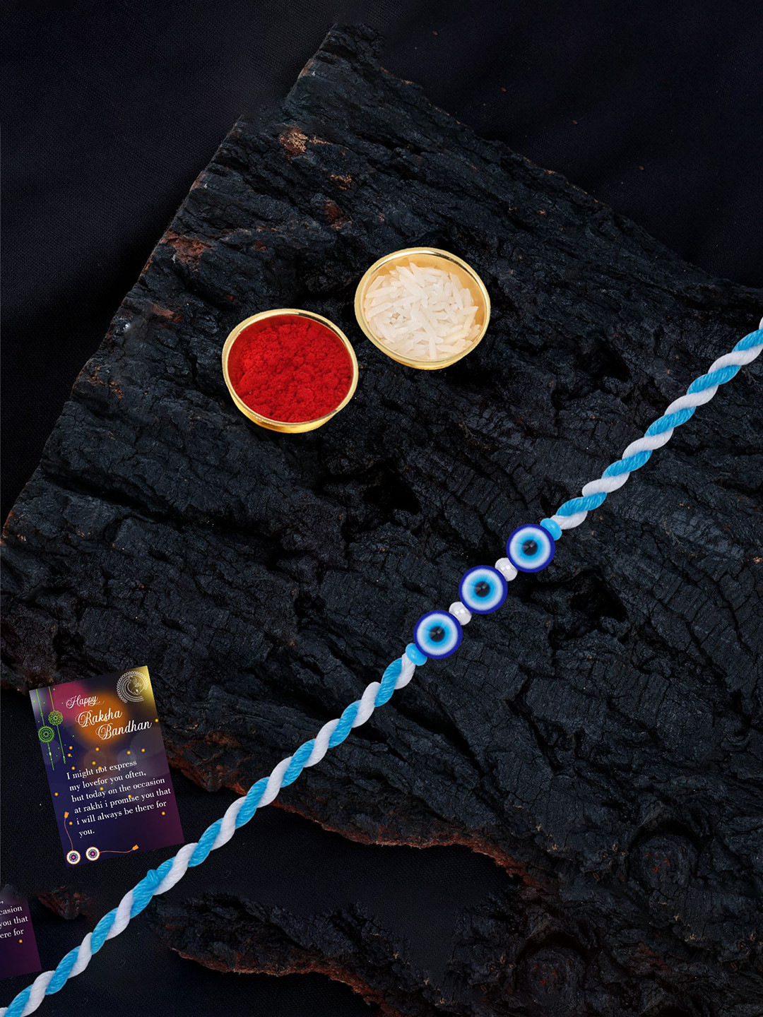 

Silver Shine Bhaiya Bhabhi Rakhi With Roli Chawal, Blue