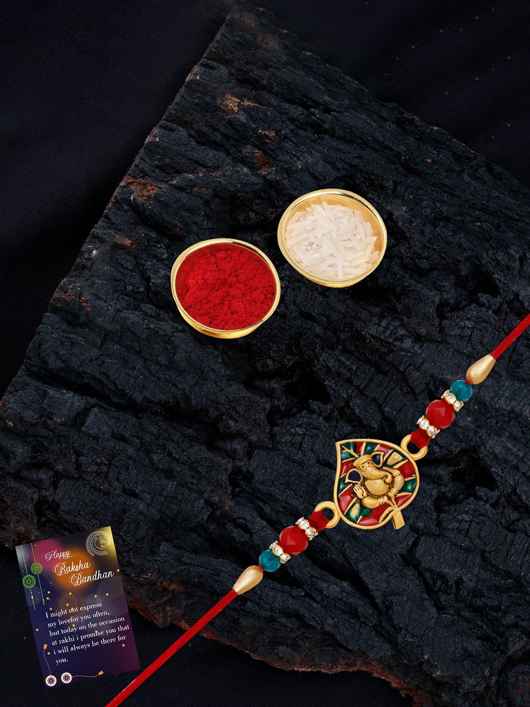 

Silver Shine Set Of 2 Beaded Rakhis with Roli Chawal & Greeting Card, Red